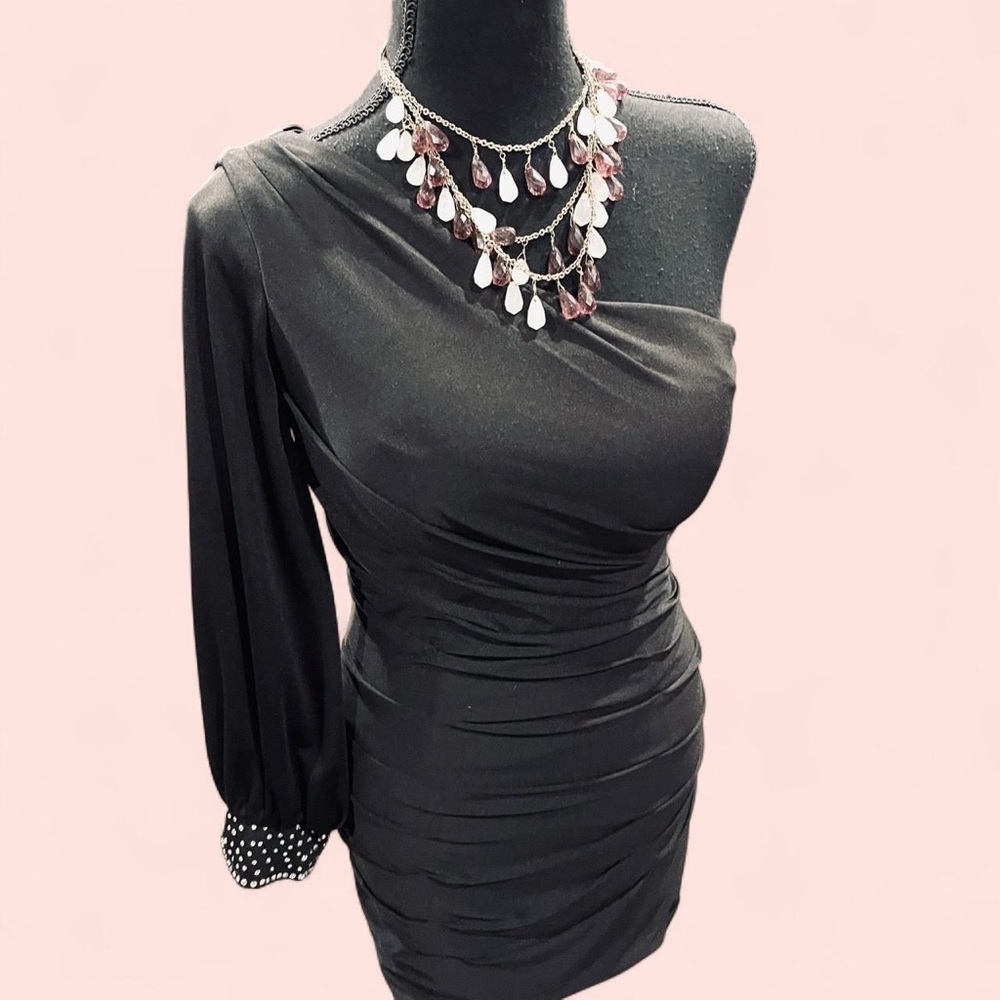 Black One Shoulder Bodycon Asymmetrical Evening Short Mini Ruched Dress Medium